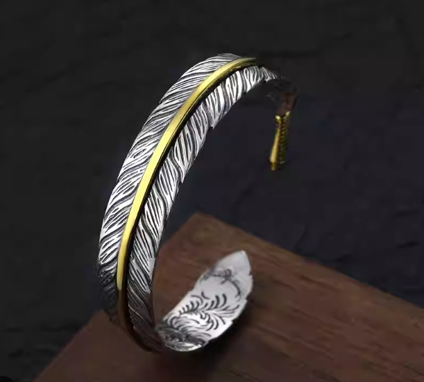Vintage Silver Feather Cuff Bracelet Adjustable Unisex Bangle Symbol of Hope