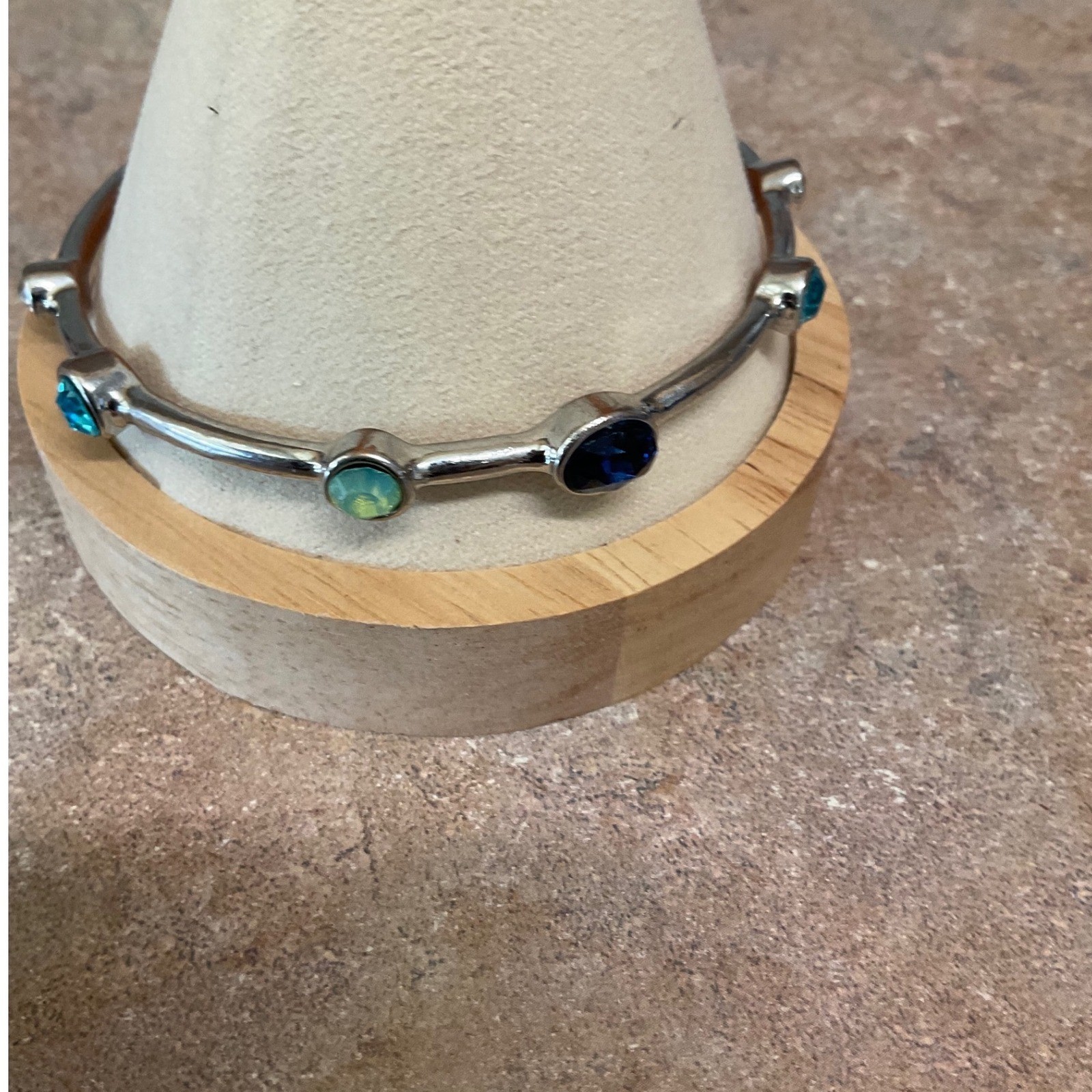 Silver Tone Bangle Bracelet Multi Color Crystal Bezel Station Slip On Jewelry