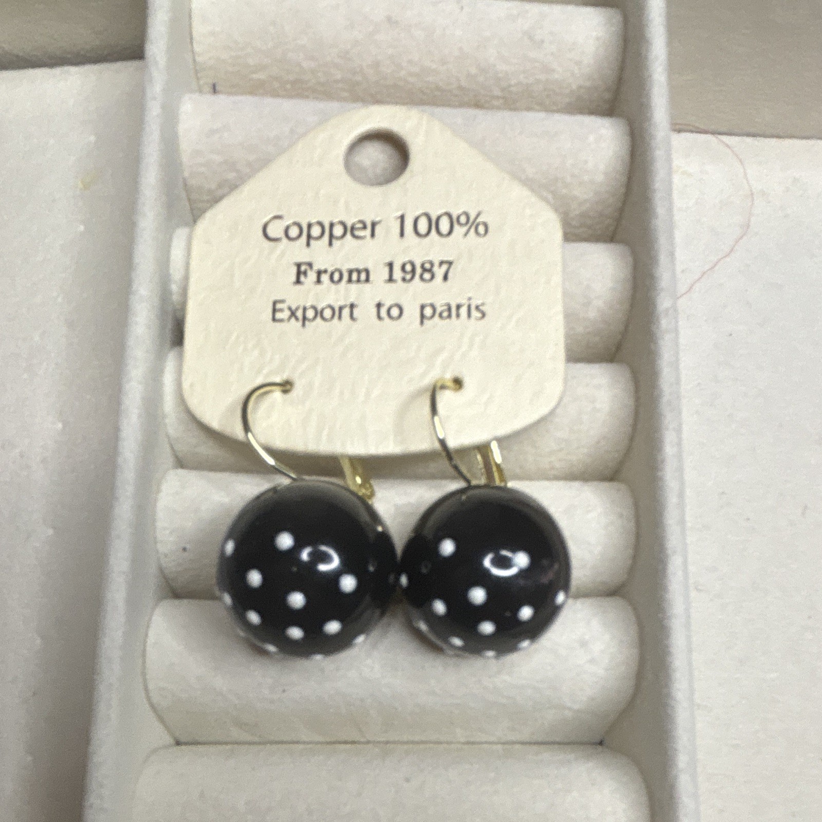 Vintage Copper Round Polka Dot Dangle Drop Earrings Hook Closure Black White