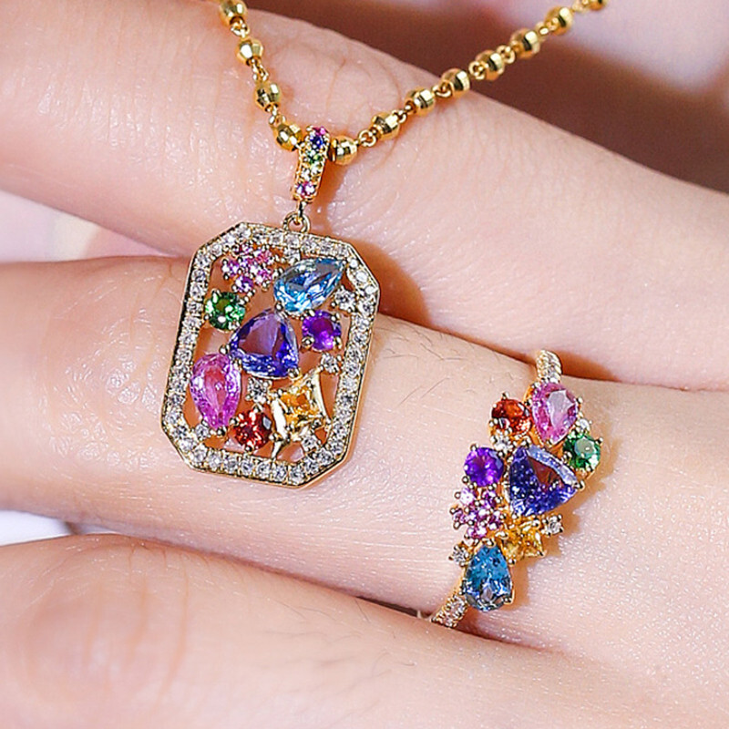 New Women Girls Jewelry Set Mix Color Amethyst Topaz Gems Necklace Rings Gold
