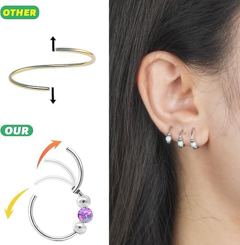 2 Pcs Small Cartilage Hoop Earrings for Women Men, 18G Opal Silver Earrings Hypo