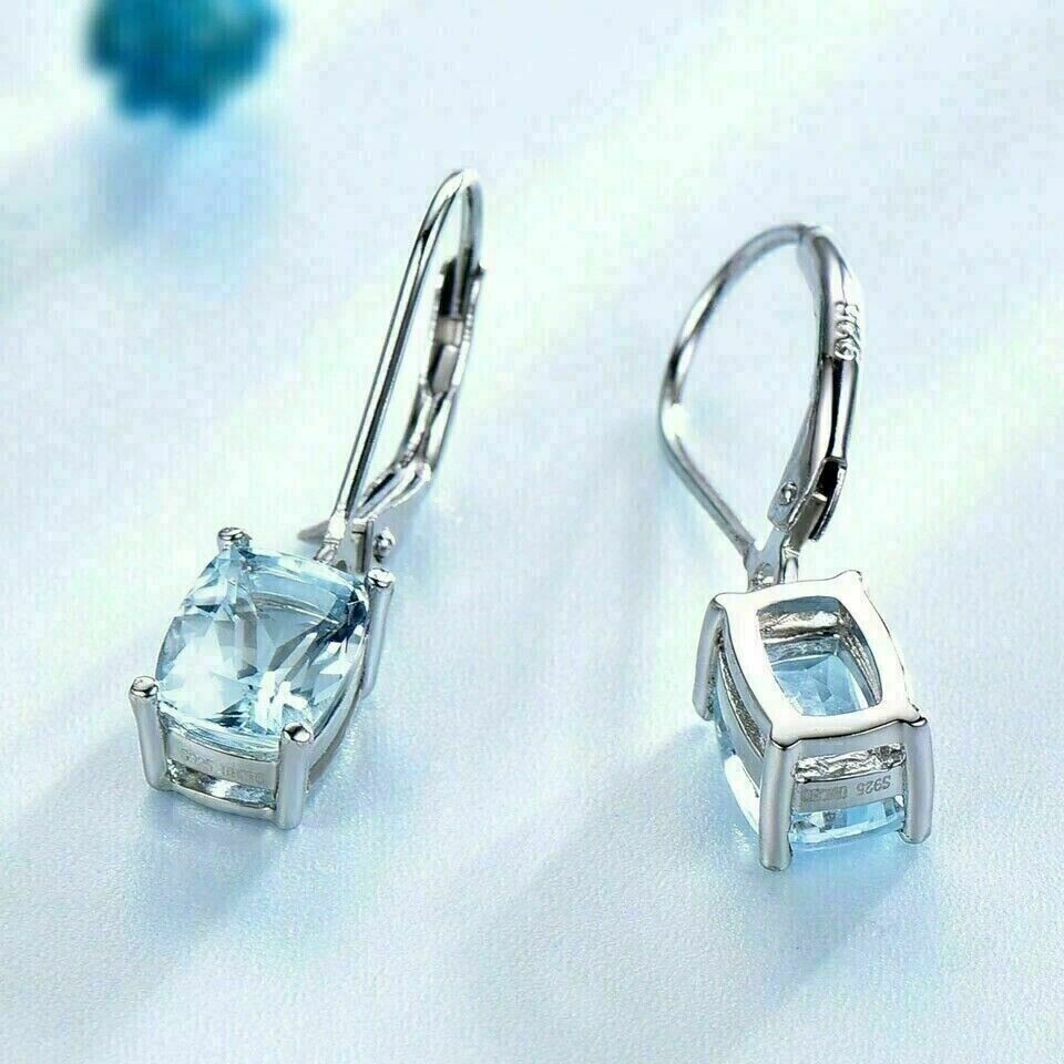 2Ct Cushion Cut Simulated Aquamarine Drop Hook Earring In 14K White Gold Plated