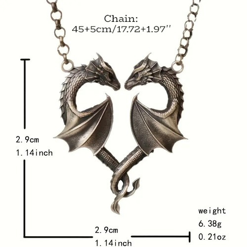 Elegant Heart Shaped Double Dragon Pendant Necklace