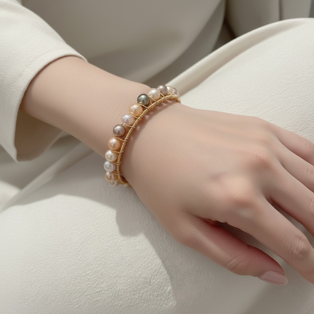 Natural Freshwater Pearl Wire Wrapped Cuff Bracelet Gold Tone Handmade Boho Gift