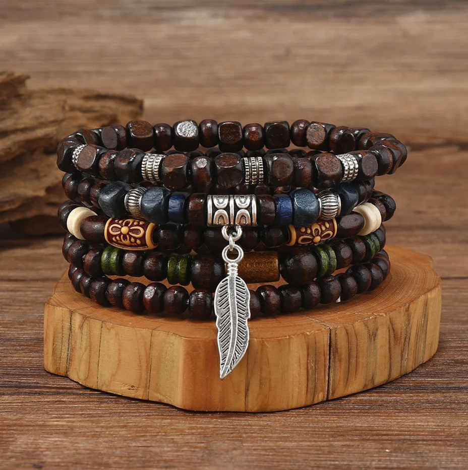 10pcs Vintage Boho Men’s Wooden Bracelets Leaf Style Wristwear Set – NEW