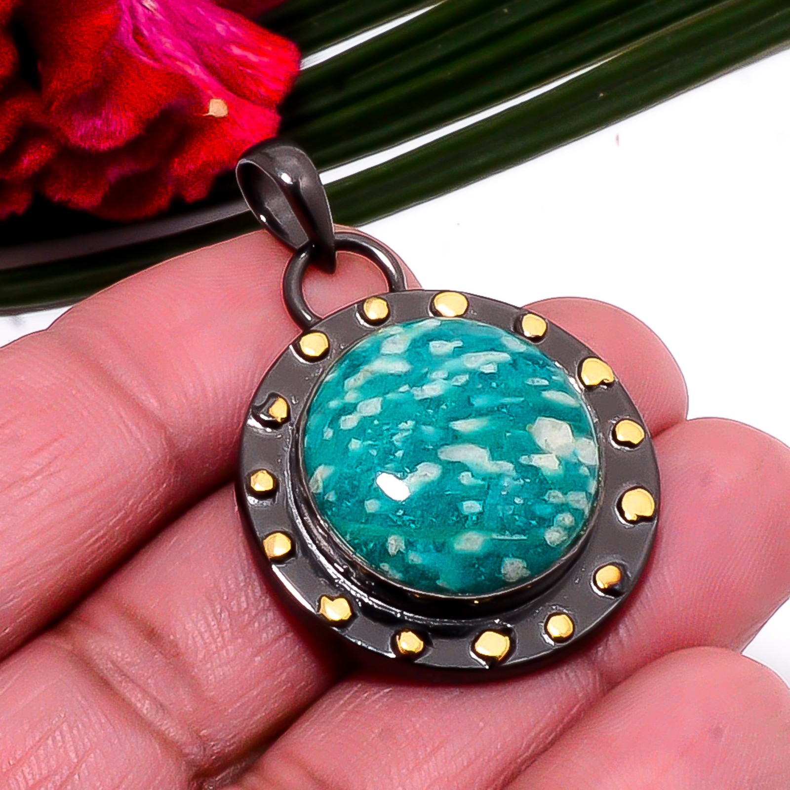 Amazonite – Colorado Mines Gold Plated 925 Sterling Silver Pendant 1.64″ Sku5