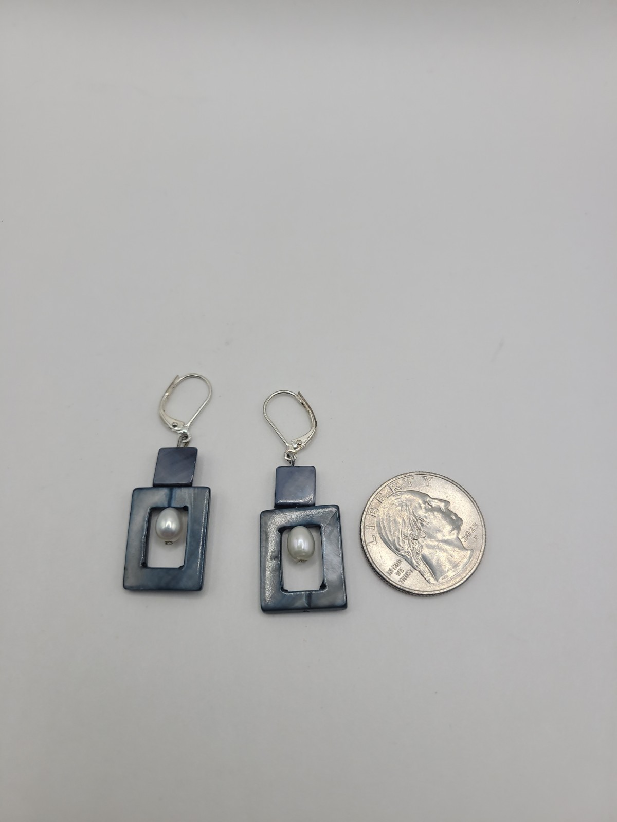 Geometric Gray Blue White Dangle Earrings Silver Tone Rectangle Drop Earrings