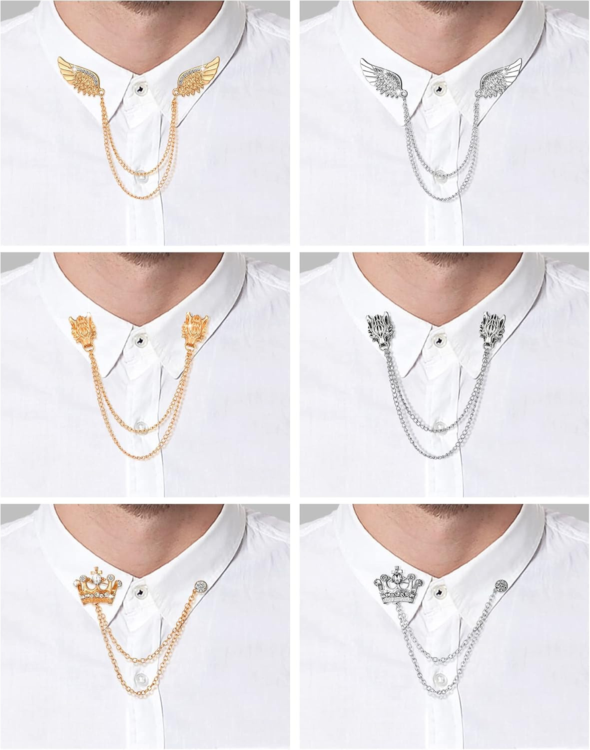 6 Pieces Men’s Tassel Chain Brooch Collar Pins Wedding Brooches Collar Pins Wing