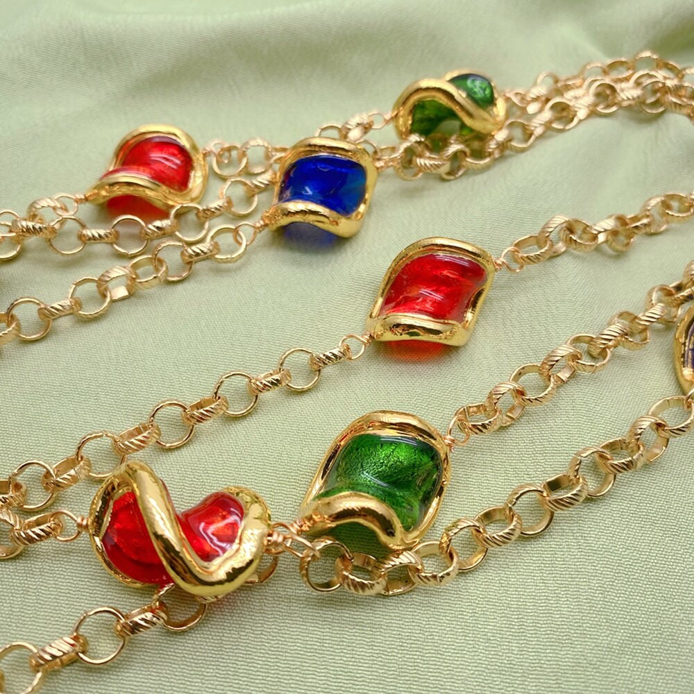 3 Strands Green Blue Red Murano Glass Gold Plated Chain Necklace