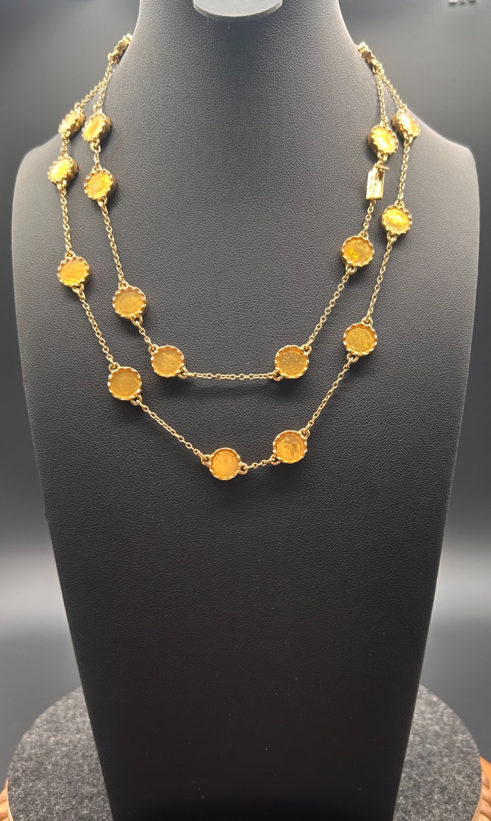 Kate Spade New York Gold Tone Round Scalloped Bezel Station Long Necklace 32 in