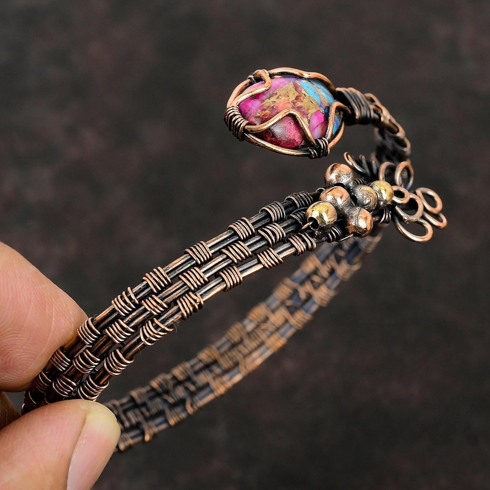 Kingman Pink Dahlia Turquoise Copper Gift For Mum Wire Wrap Adjustable Bangle