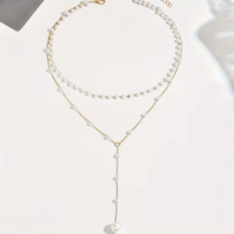 Layered Pearl Necklace Women Gold Y Lariat Choker Dainty Beaded Pendant Jewelry