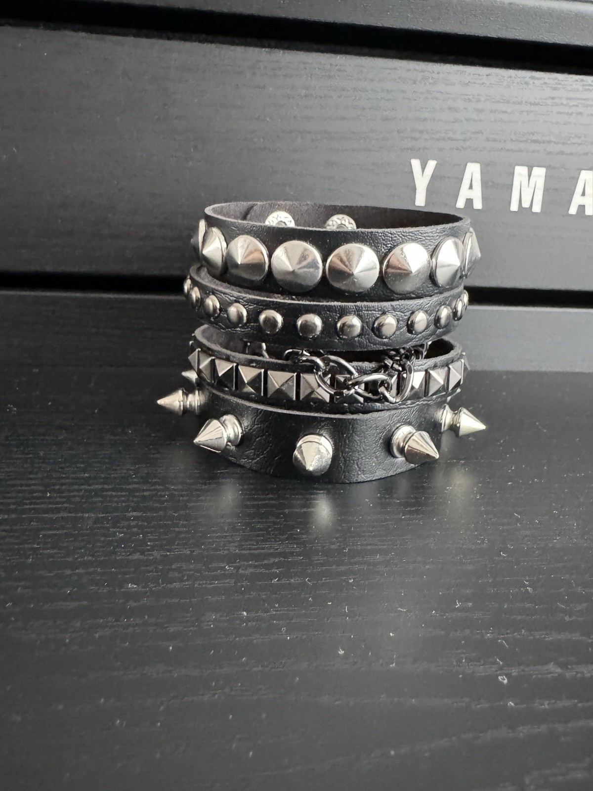 Goth Punk Studded Bracelet Set (3 Pack) Black Leather Look, Spikes & Chain, New