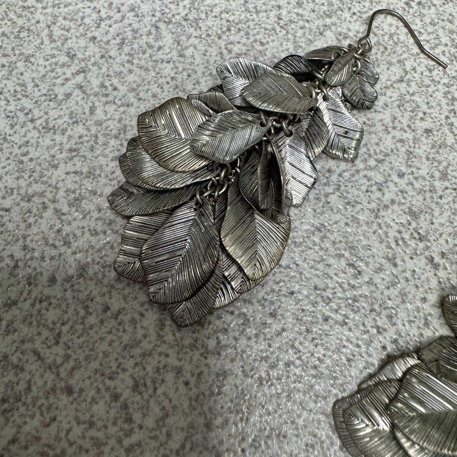 Silver Color Metal Textured Leaf Leaves Cluster Dangle Earrings Cottage Boho