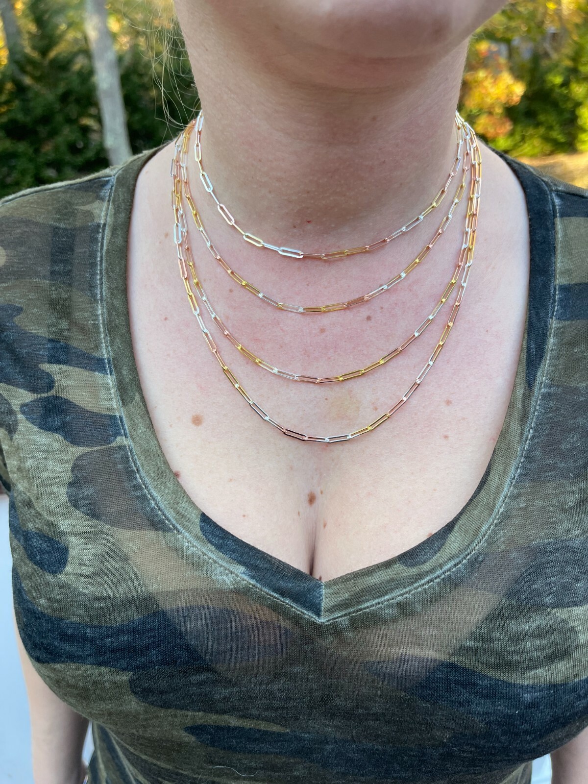 Real Paperclip Chain Necklace Tri Color Yellow Rose Gold Plated 925 Silver