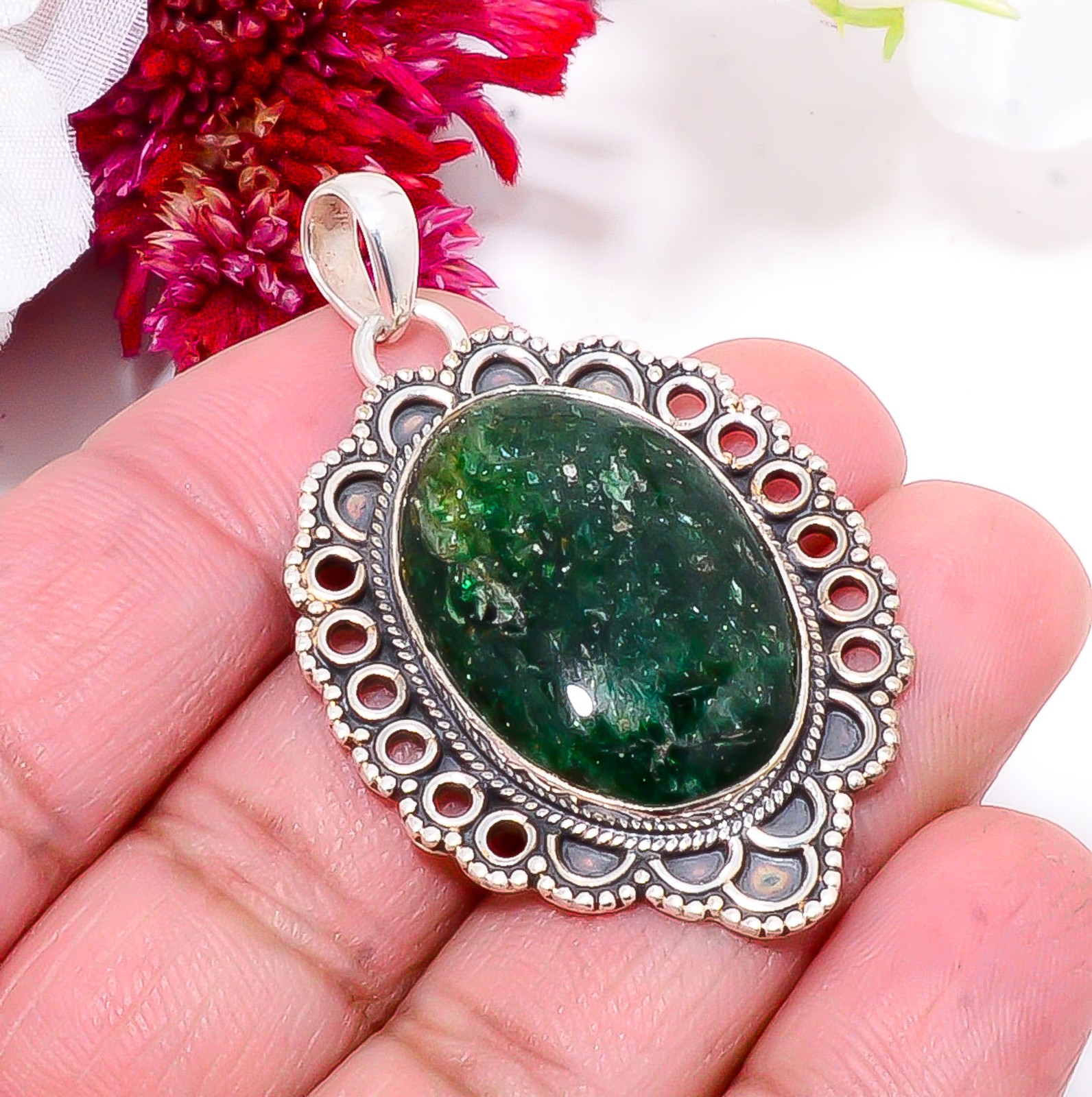 Green Aventurine – India Gemstone 925 Sterling Silver Bali Pendant 1.68″ Sku52