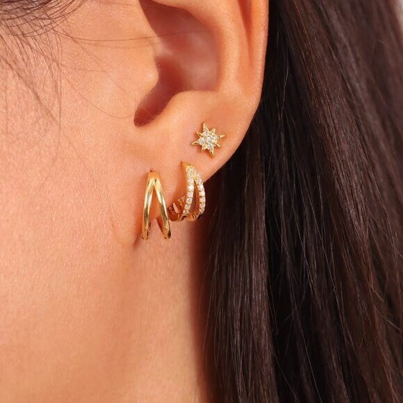 Gold Huggie Earrings Double Hoop Small Thick 18K Gold Huggies For Everyday Wear
