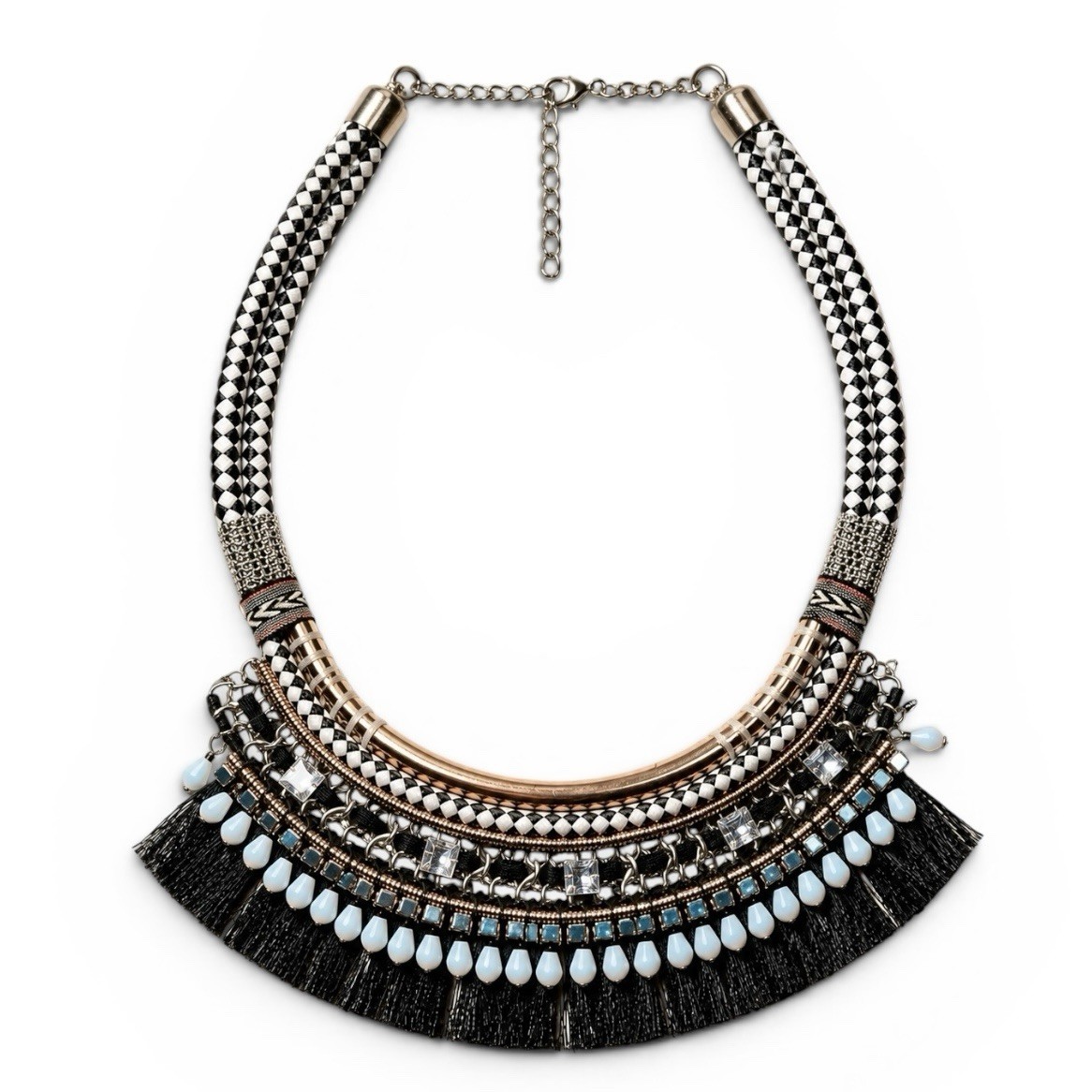 Chicos Bold Boho Necklace Tribal Style Bead and Fringe Layered Design Woven Cord