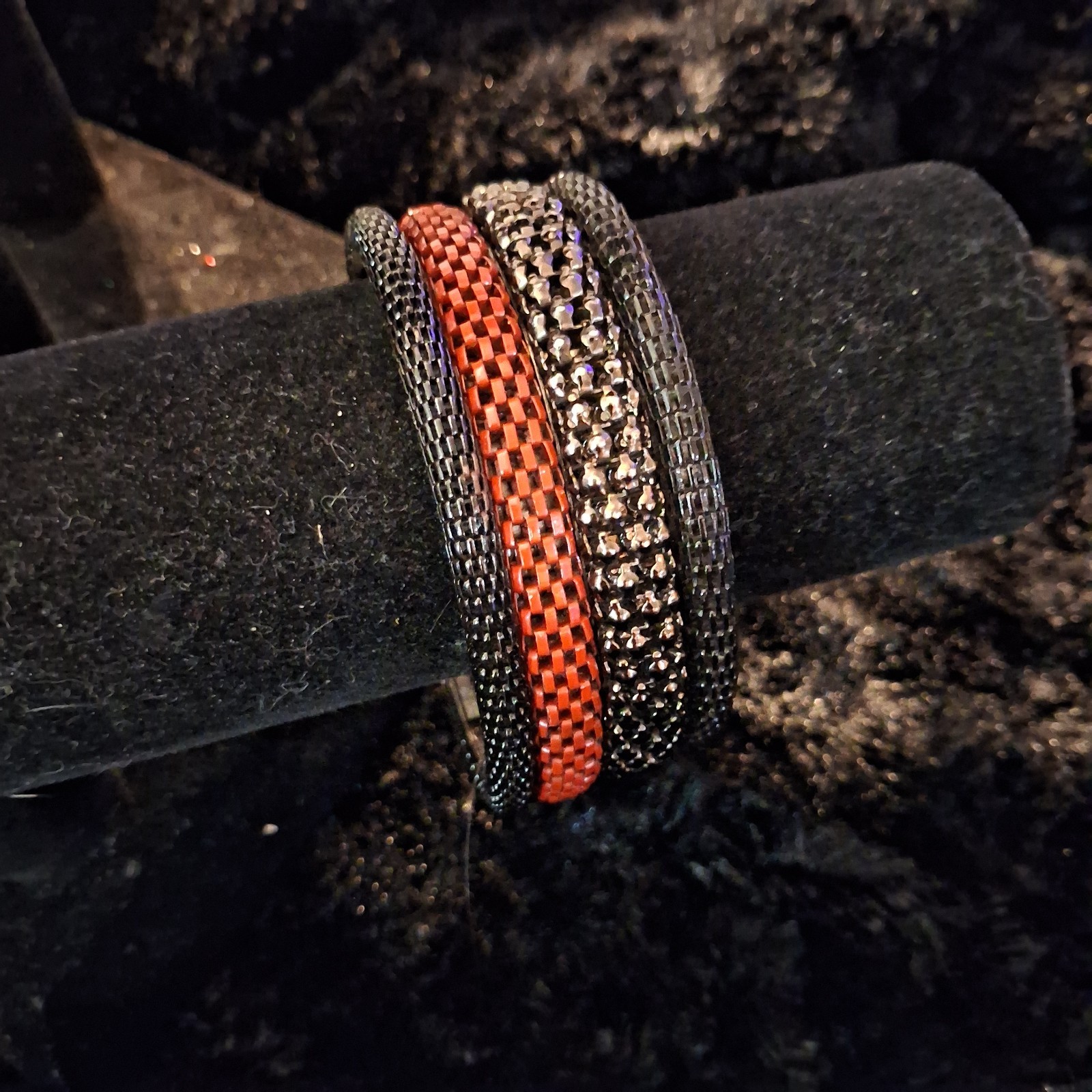 Textured Woven Mesh Bangle Bracelet Lot, Black Red Gray, No Stone