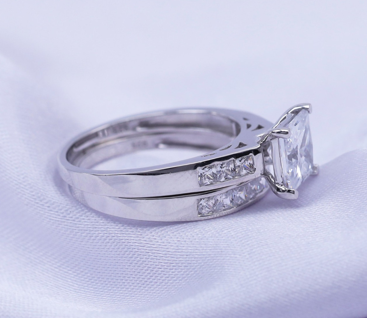 14k Gold Sterling Silver Princess Diamond Cut Engagement Ring Wedding Set