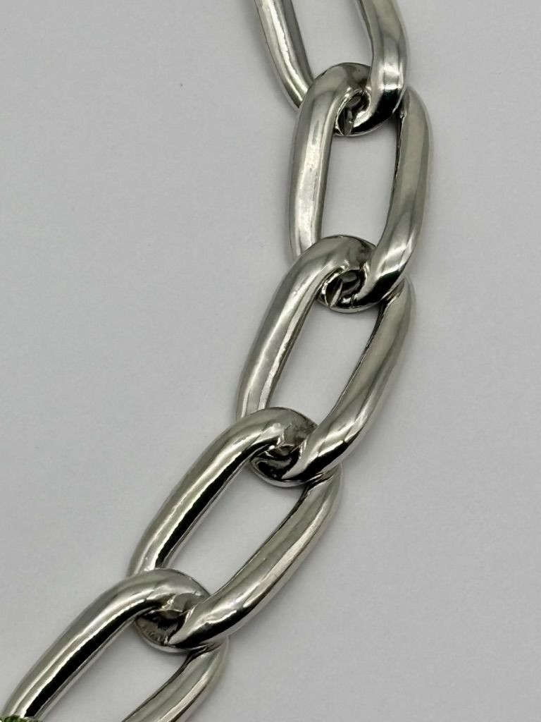 Curb Link and Green Pave Crystal Silver-Tone Collar Necklace Adjustable Unsigned