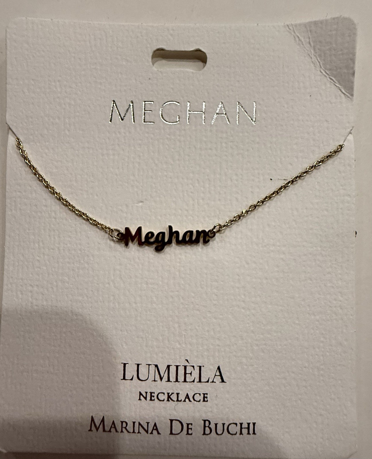 MEGHAN LUMIELA NAME NECKLACE MARINA DE BUCHI ADJUSTABLE LENGTH NICKEL FREE