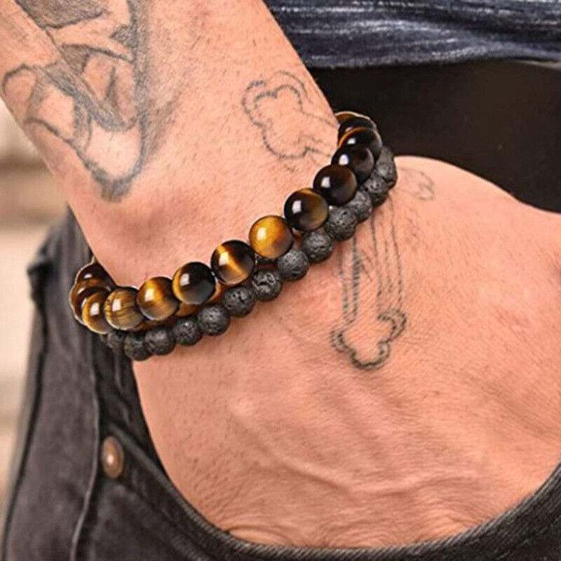 2PCS Men Bracelet Classic Lava Rock Tiger Eye Gem Stone Beaded Healing Boyfriend