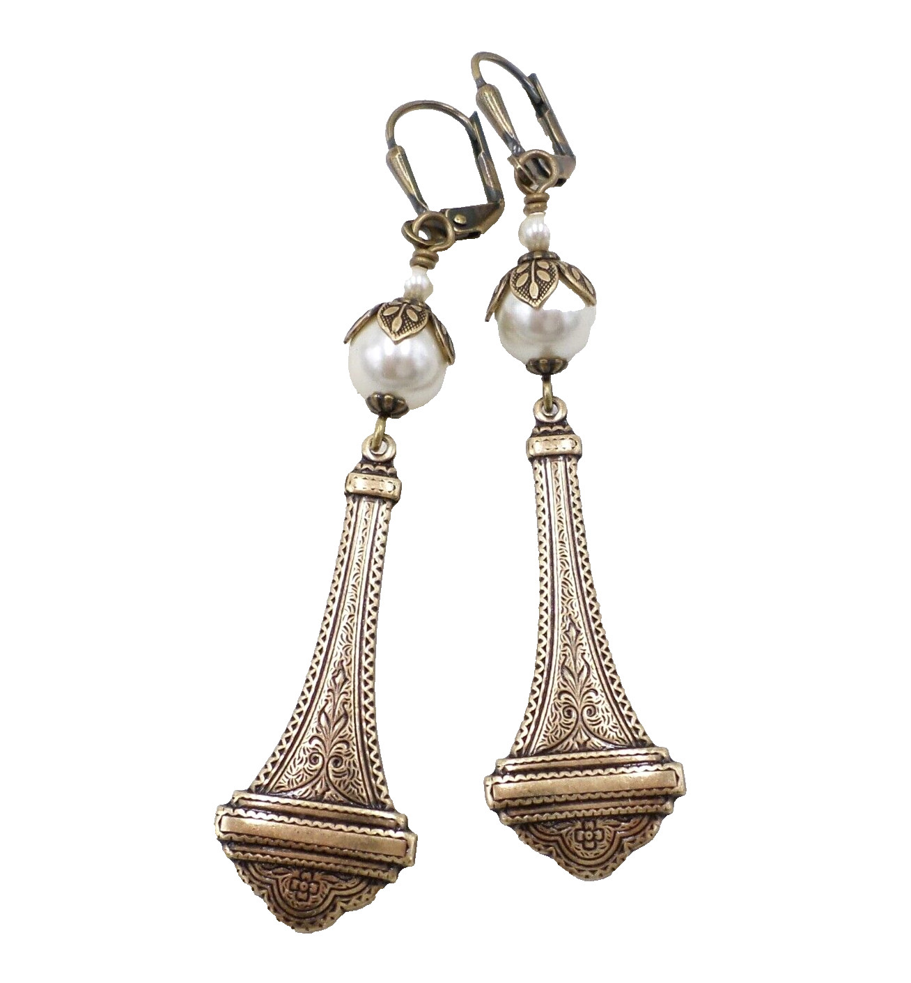 Brass Victorian Style Earrings, Cream Faux Pear Handmade Wedding Jewelry