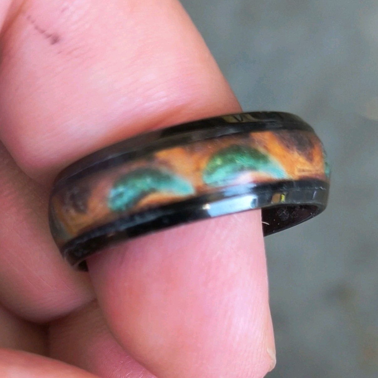 Titanium Dome Band Ring Size 11 Black w/ Green Brown Bone Inlay No Stone