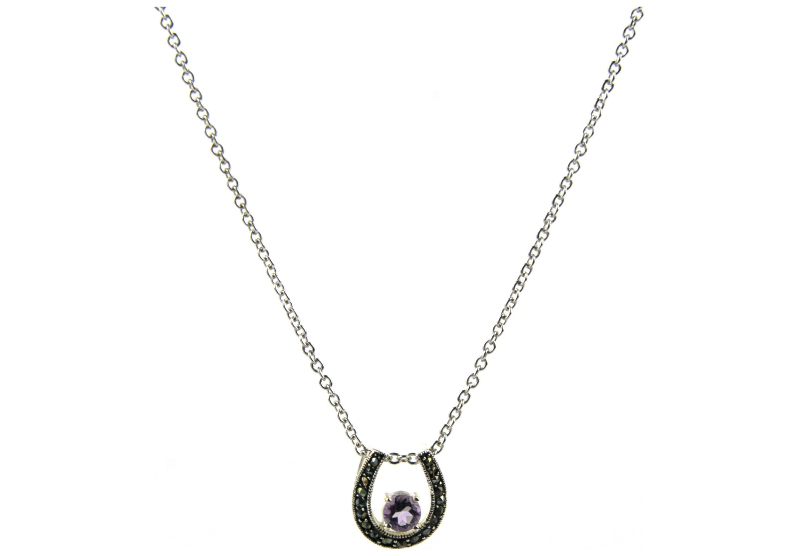 Women’s Genuine Amethyst and Marcasite Horseshoe Pendant and 21″ Necklace Set
