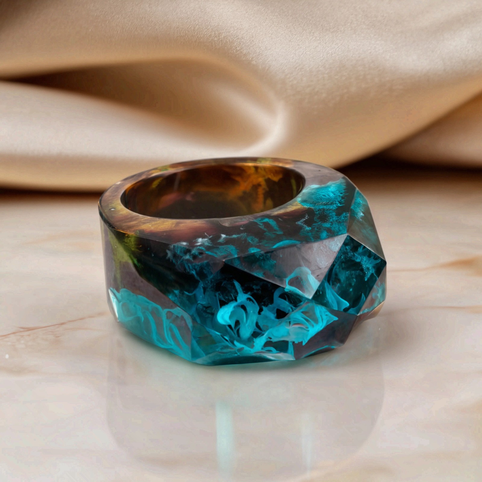 Wood Resin Ring Ocean Blue Epoxy Landscape Faceted Statement Ring Handmade Band