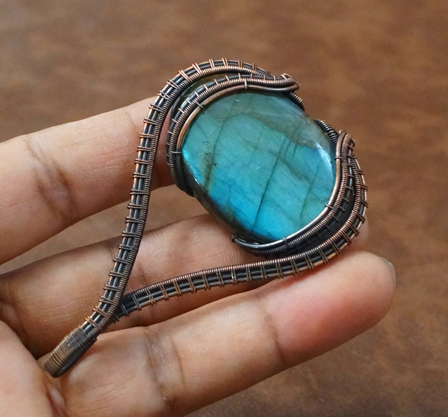 Blue flash Labradorite Copper Pendant Natural Gemstone Handmade Jewelry (PD-33
