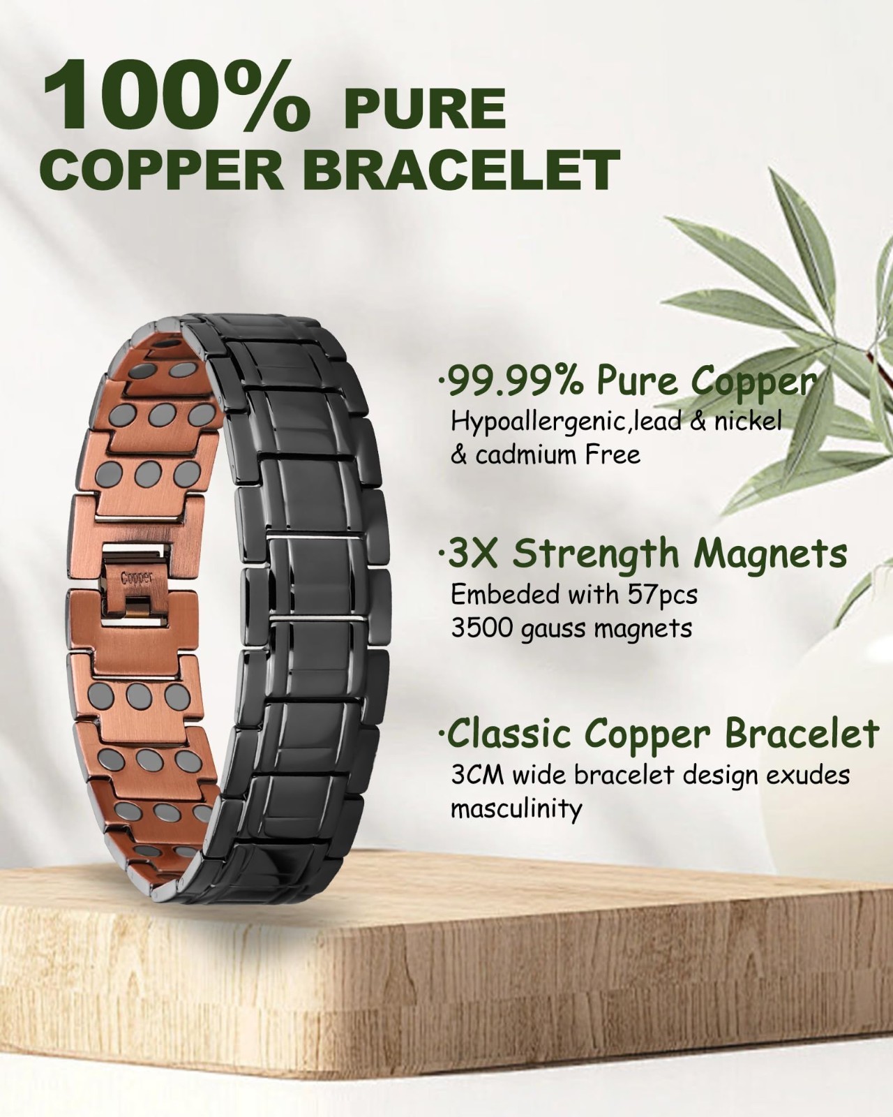 Men’s Copper Magnetic Bracelet – 3X Strength, 99.99% Pure Copper Jewelry Gift, S
