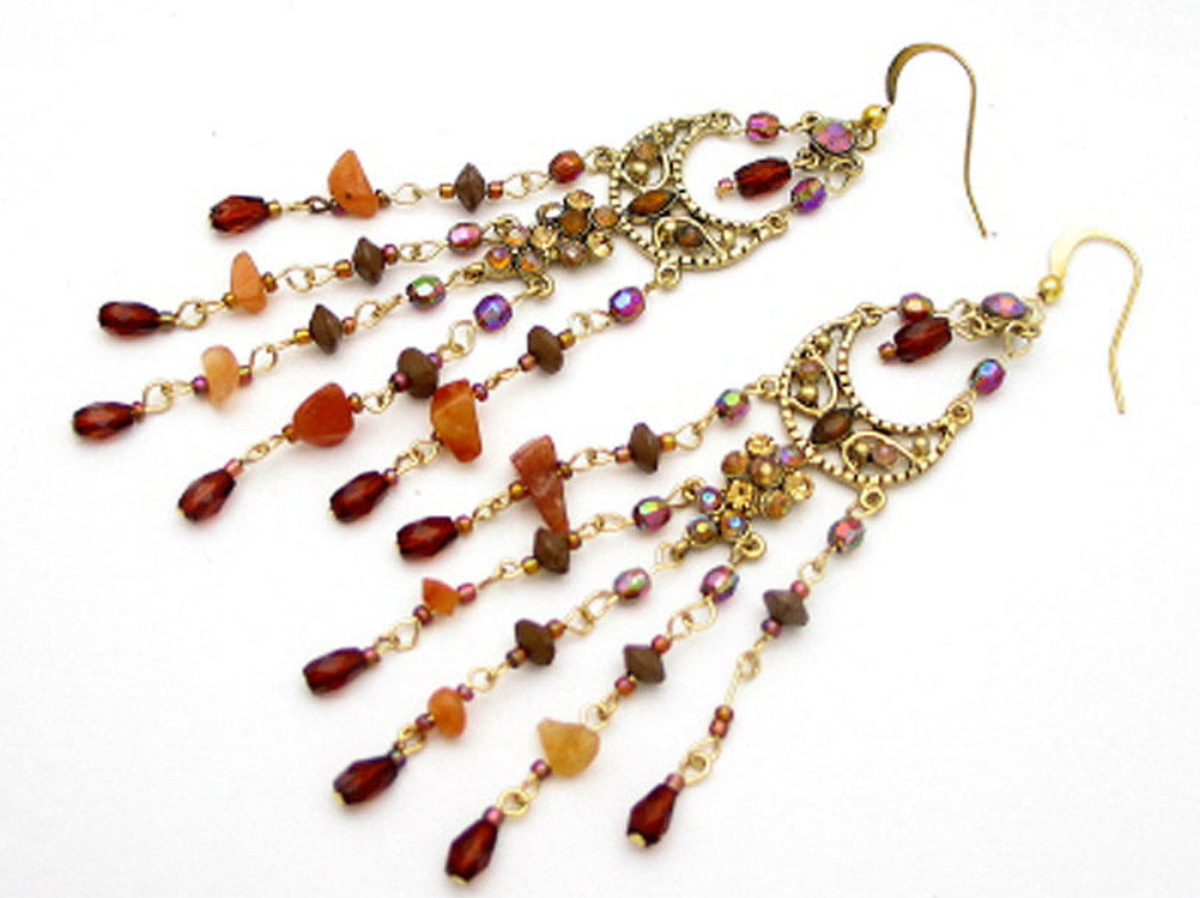 DESIGNER 4.5 in BLUE RED GREEN BROWN CRYSTAL SHELL CHANDELIER GOLD EARRINGS