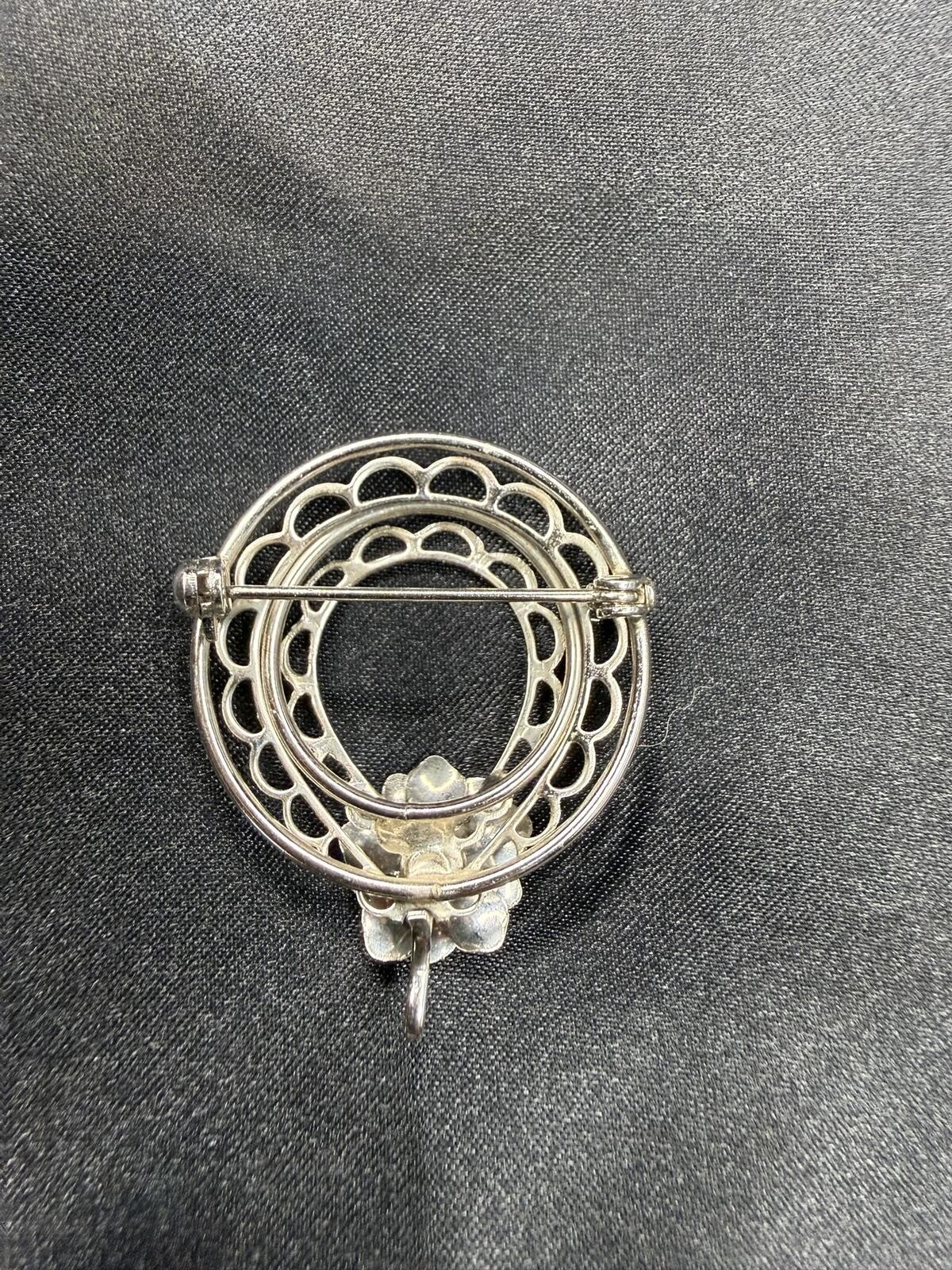 Vintage Silver Tone Wreath Brooch with Pearl Accent Flower