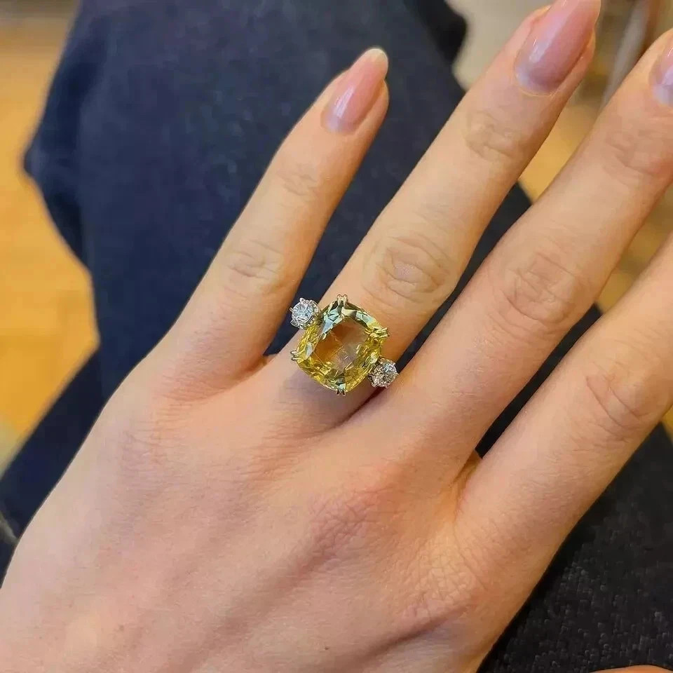 11.69 Ct Cushion Natural Yellow Sapphire Diamond Wedding Ring 14k Yellow Gold 7