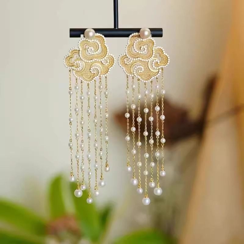 Cloud Pattern Pearl Tassel Earrings Vintage Chinese Style Hanfu Jewelry