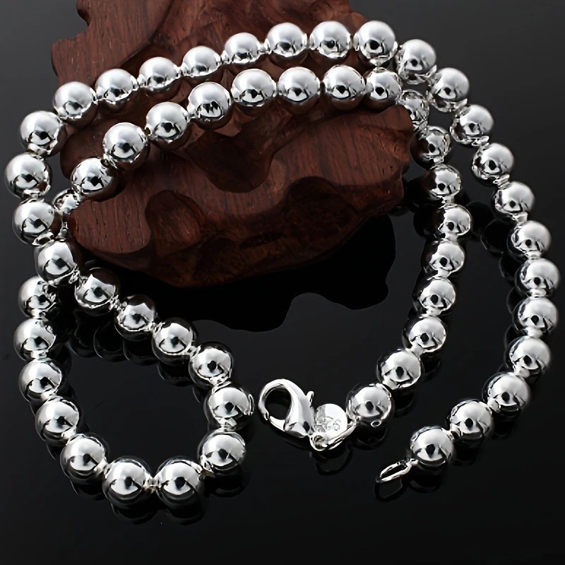 1Pcs Women’s 925 Sterling Silver 8mm Hollow Balls Beads 20″ Chain Necklace