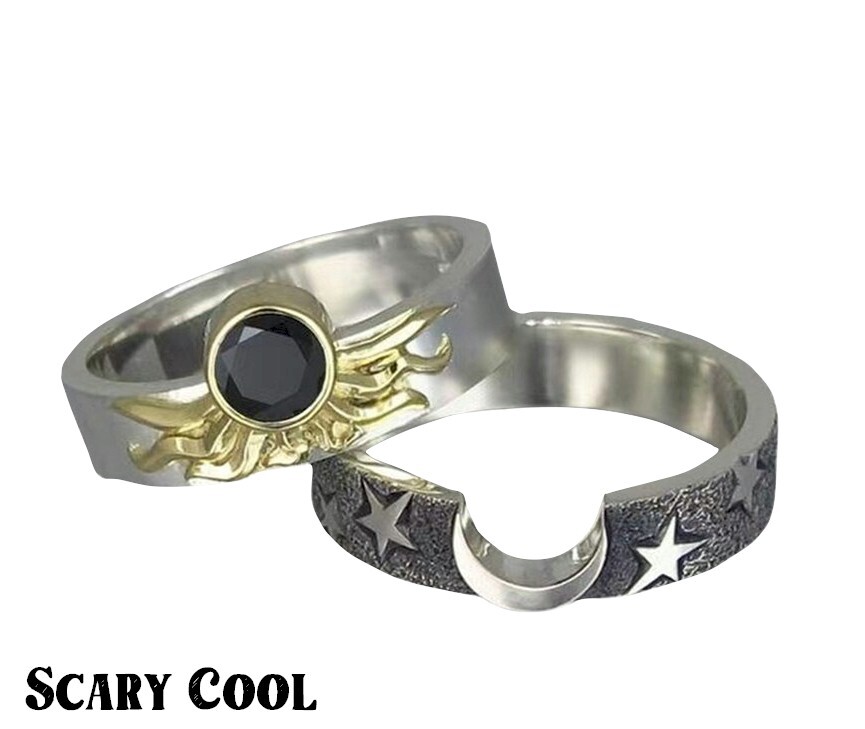 New Sun Moon Star 2Pcs Mens Womens Silver Ring