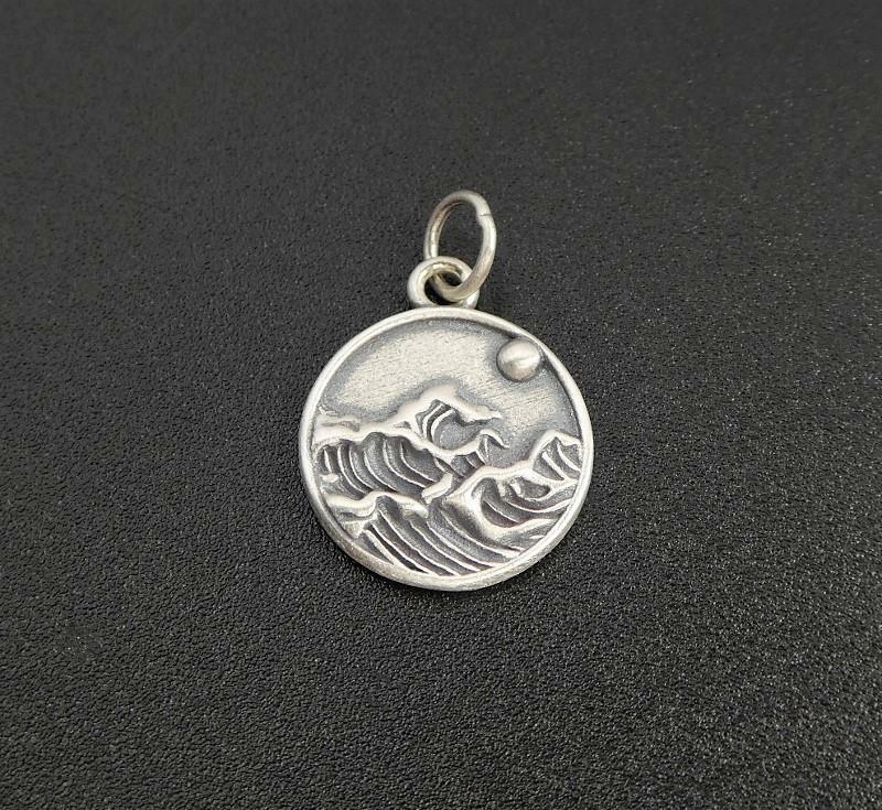 Handmade Sterling Silver Ocean Wave and Sun Small Round Charm Pendant Unique