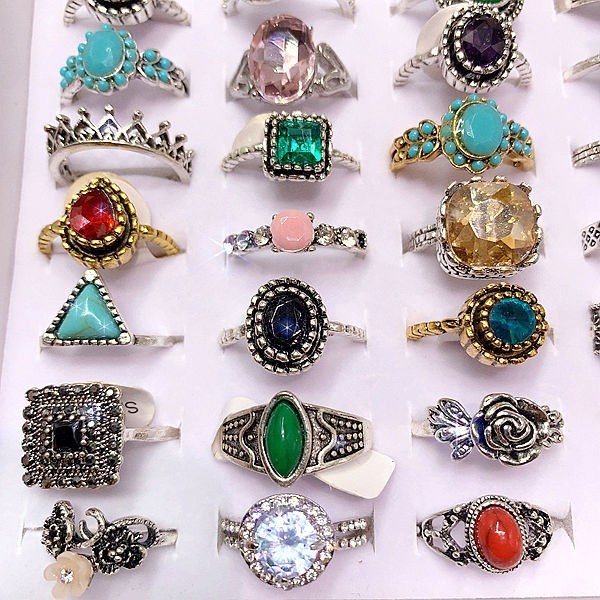 50pcs Bulk Lots Vintage Crystal Stone Mix Plated antique silver Jewelry Ring