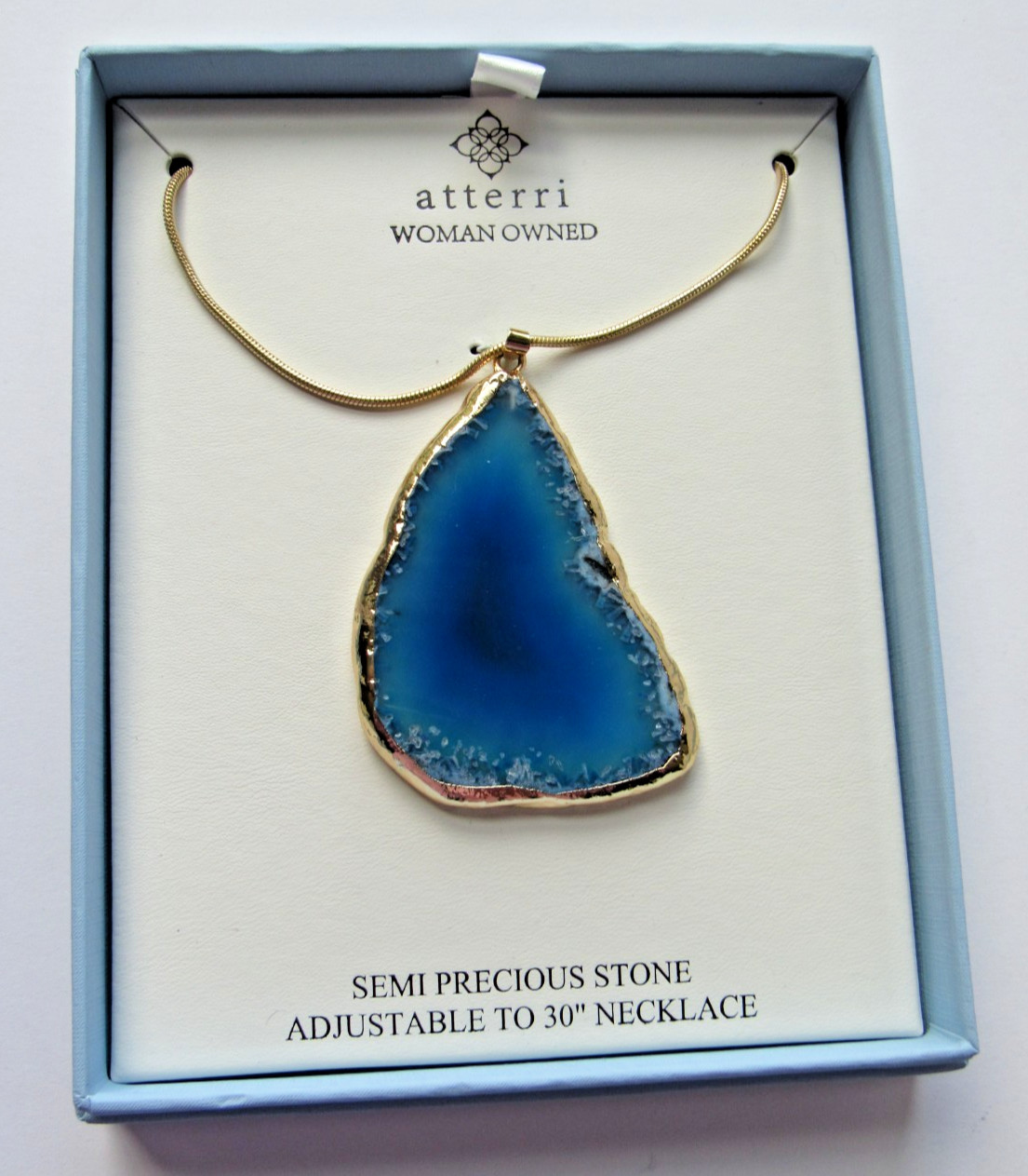 ATTERRI Semi Precious Stone Pendant Necklace Gold & Shades of Blue Adj 30″ NIB