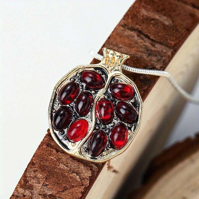 Gold Pomegranate Pendant Necklace Garnet Gemstone Fruit Jewelry Gift
