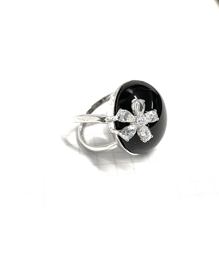 (SIZE 6,7,8,9) Large ONYX STONE & CZ FLOWER RING .925 STERLING SILVER