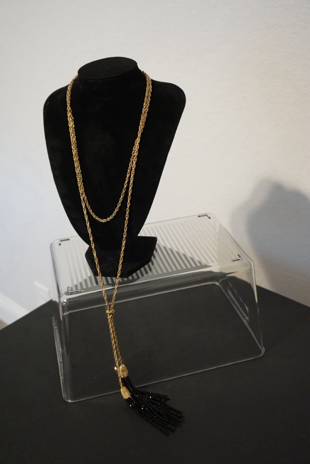 Gold Tone Rope Chain Lariat Necklace with Black Beaded Tassels