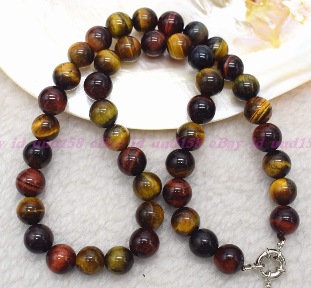 Natural 8/10/12mm Multi-color Tiger’s Eye Round Gemstone Beads Necklace 16-36″