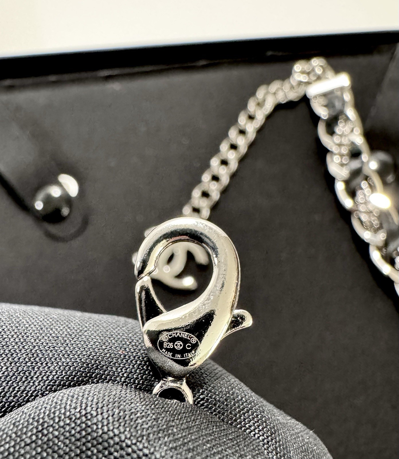 Chanel Necklace Black Leather Chain Crystal CC Choker 26C Authentic W/Box NWT