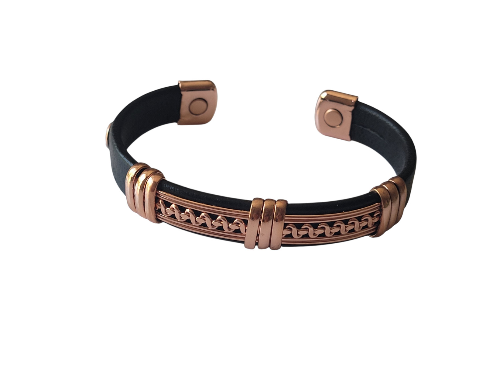 Solid Copper Leather Wrapped Magnetic Bracelet Energy Pain Jewelry Cuban Chain