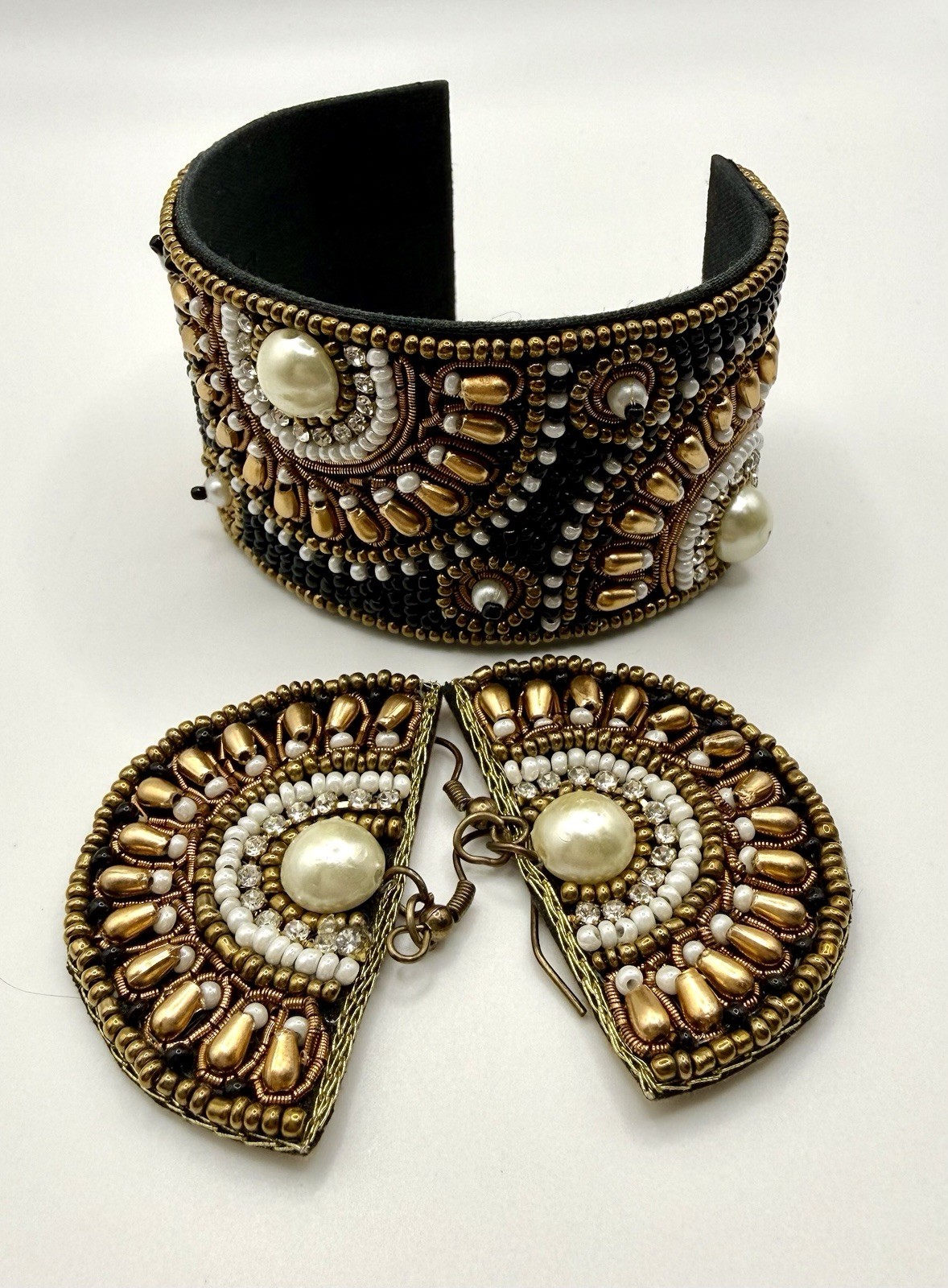 Boho Beaded Cuff Bracelet & Fan Earrings Set Faux Pearl Gold Black Statement