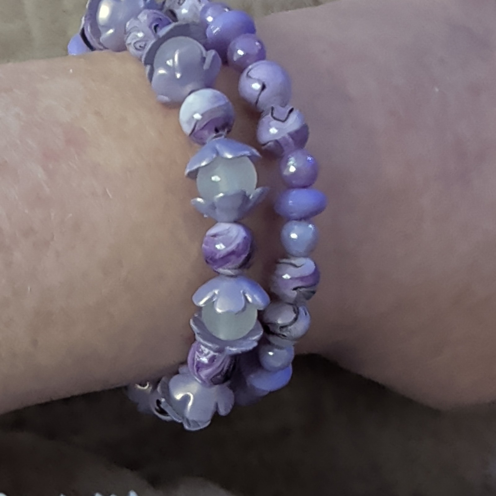 Set of 2 Purple/Lavender Round Plastic Beaded Stretch Stackable Bracelets
